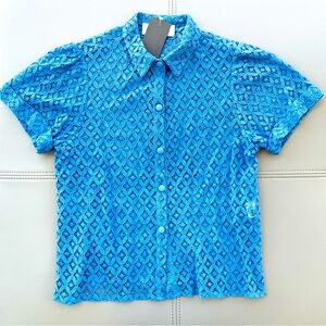 NWT! HEDONIA Classic Chic Short-Sleeve Sheer Lace Top | Blouse in Lt Blue Size 2